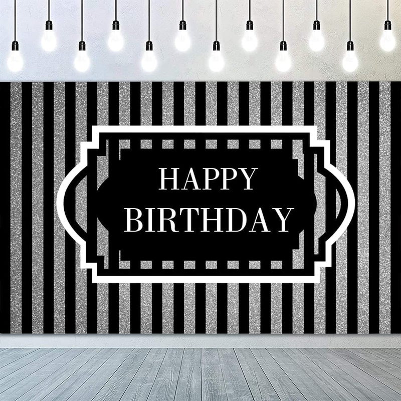 YongFoto 7x5ft Happy Birthday Backdrop for Men Black Silver Striped Bday Banner 40th 50th 60th Background Decorations for Men - Image 2